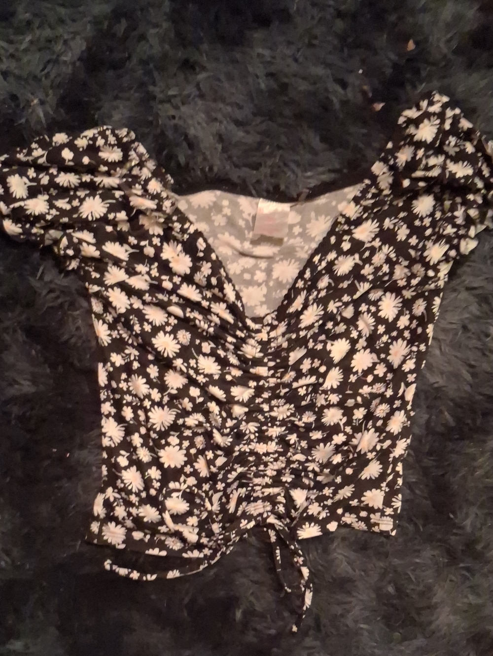 Floral Ruched Tie-Front Women's Top - Black/White
